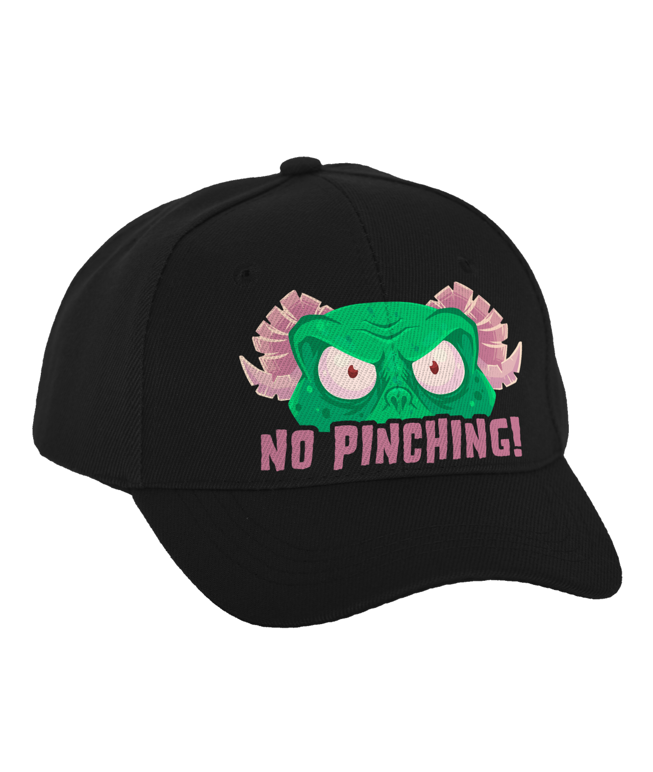 A black cap with a green monster and a pink caption: 'No pinching!'