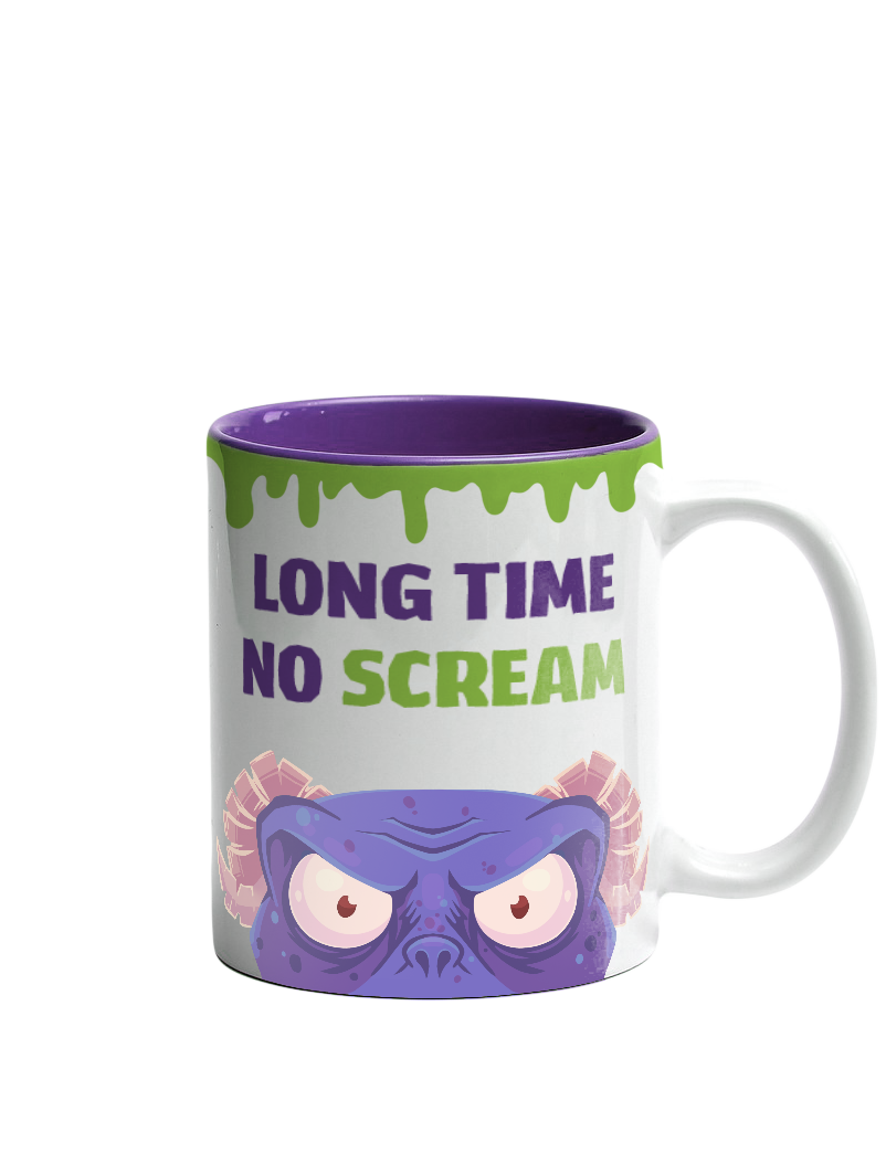 A white mug with a purple inner section; its rim features a green ooze pattern and the main graphic is a purple monster with the caption 'Long time no scream'